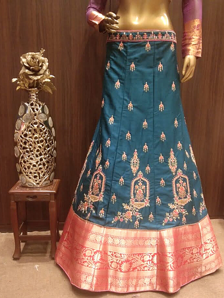 Green Semi-Stitched Lehenga with Contrast Dupatta & Blouse With Placement  Embroidery