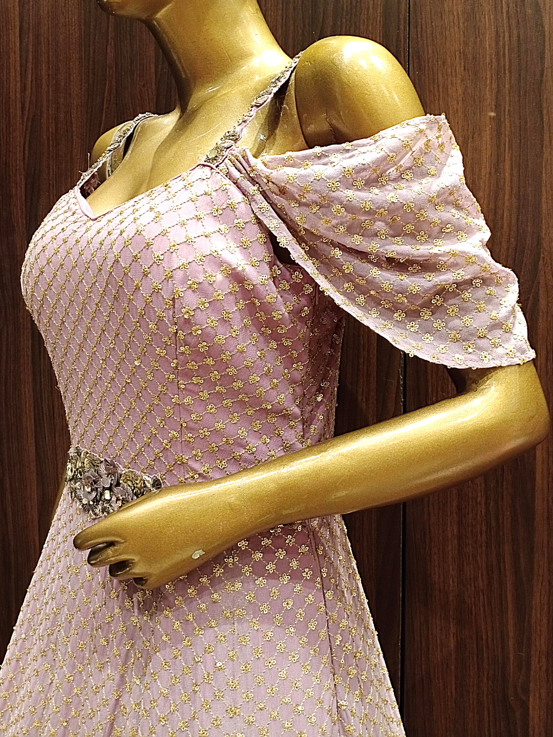 Pastel Pink Sequence Embellished Cocktail Gown with Ruffled Stylised Sleeves