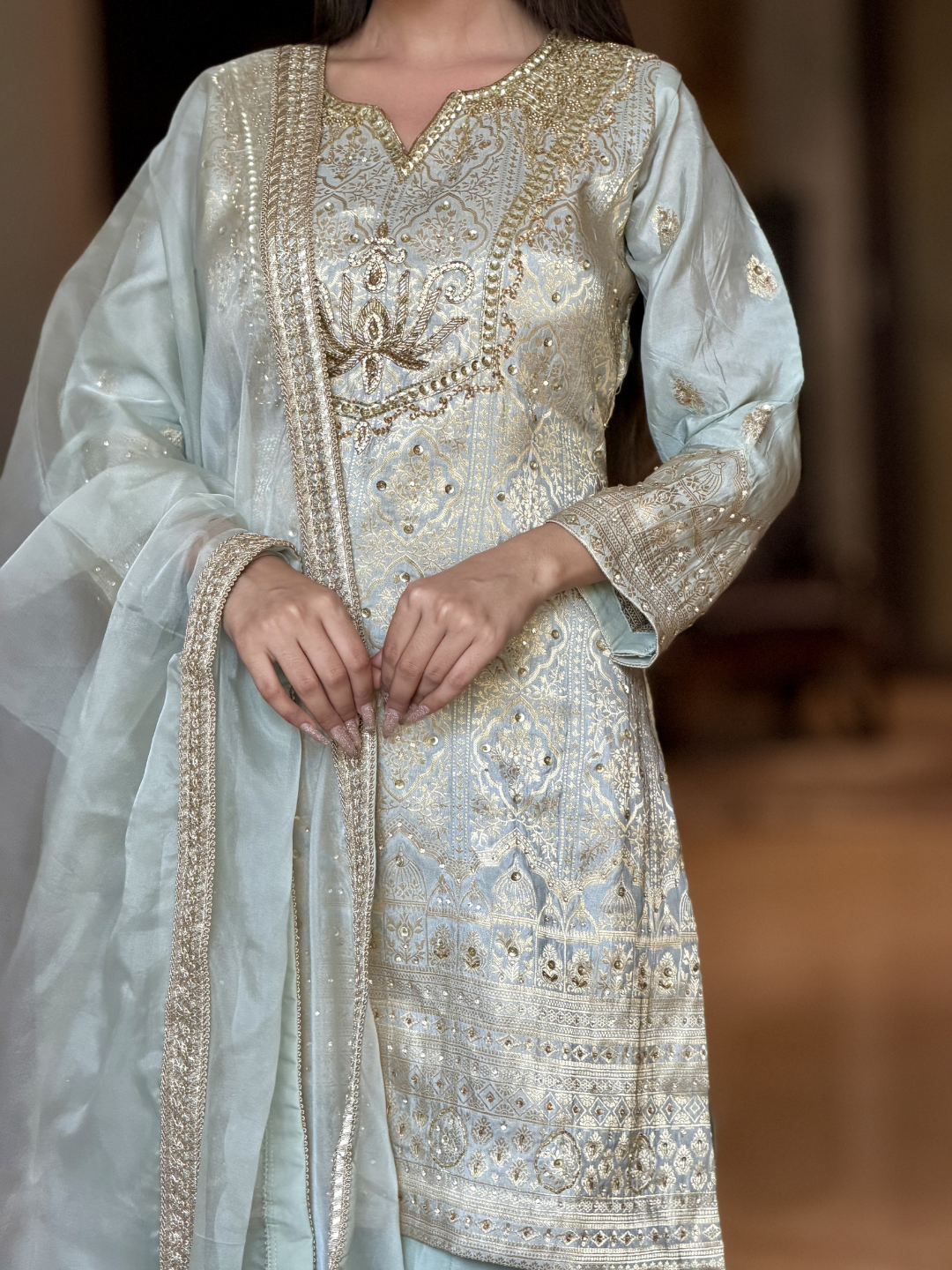 Banarasi Silk Zari Jaal Woven & Embroidered Kurta Sharara Set with Dupatta in Powder Blue
