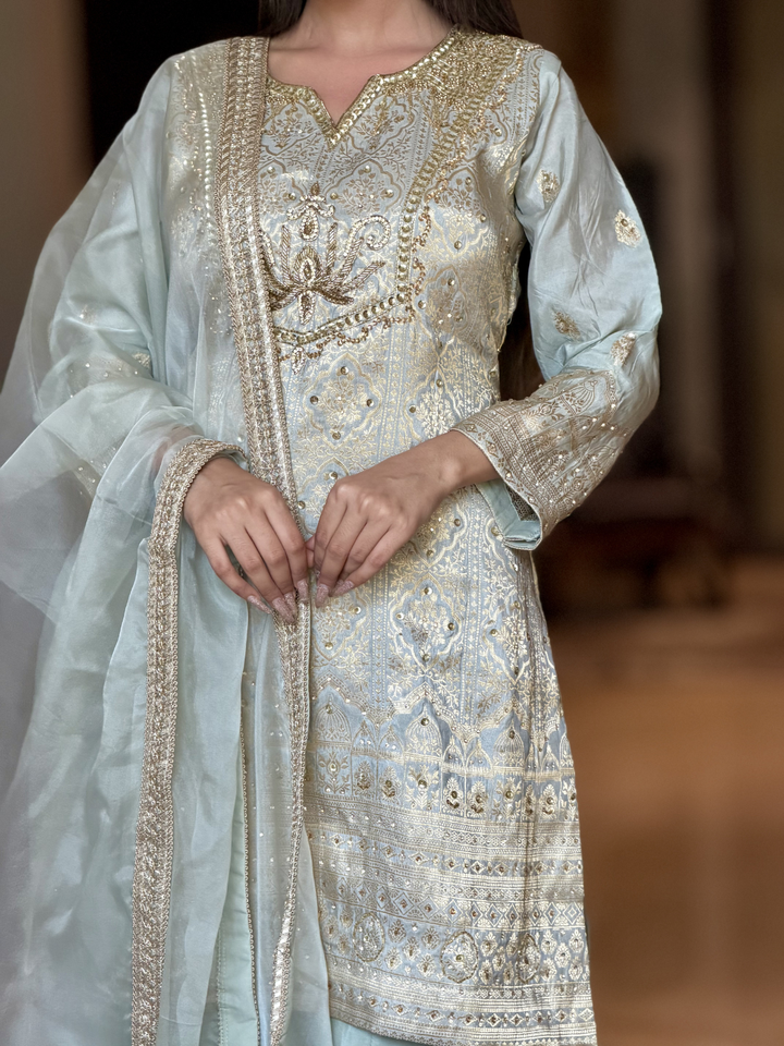 Banarasi Silk Zari Jaal Woven & Embroidered Kurta Sharara Set with Dupatta in Powder Blue