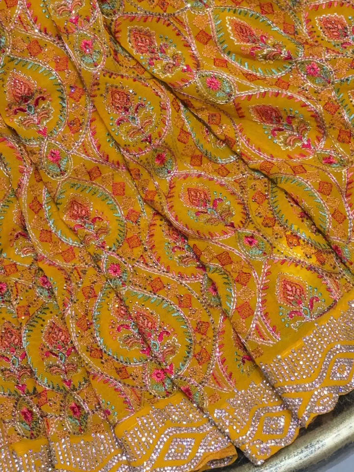 Mustard Multicolor Embroidered Paisley Saree with Scalloped Border