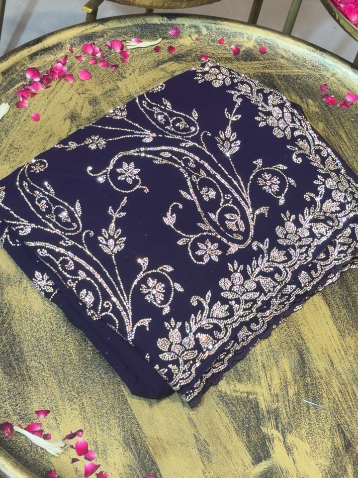 Georgette Heavy Stone & Cutdana Embroidered Paisley & Floral Saree with Embroidered Border