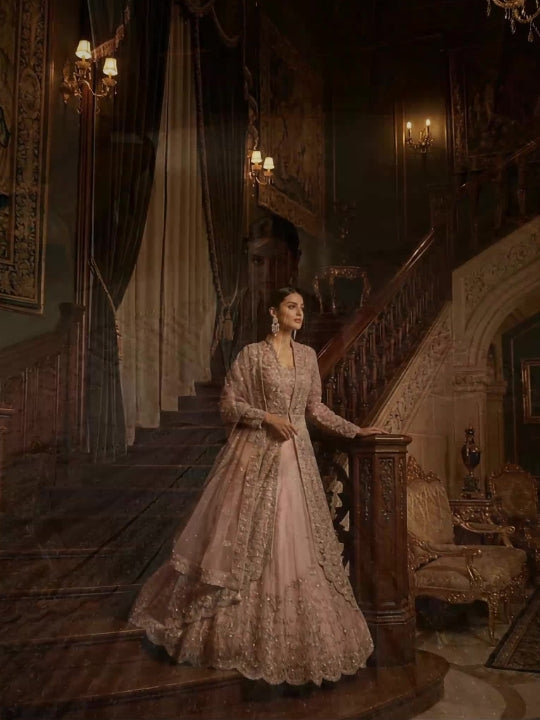 Dusty Pink Bridal Indo-western Lehenga Set with Zardozi Embroidery