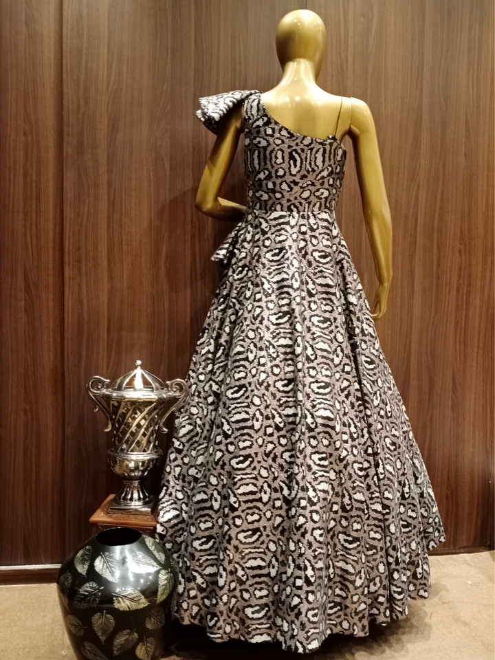 Ruffled Shoulder Flared Sequence Gown With Black,Gold Embellishments