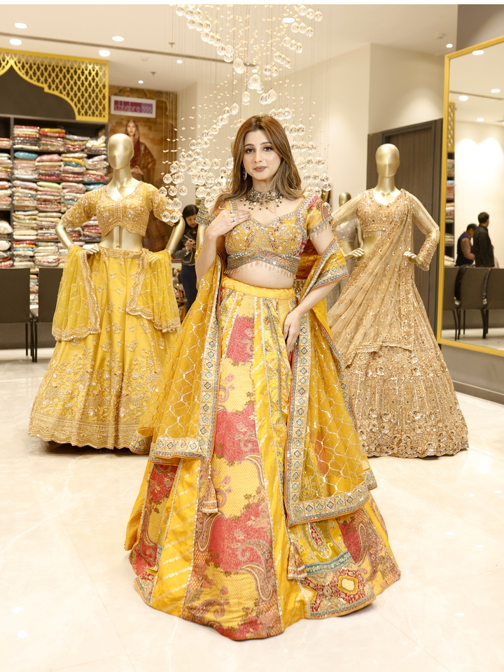 Banarasi Silk Meenakari Paisley Woven & Sequin Embellished Lehenga Choli with Dupatta in Mustard