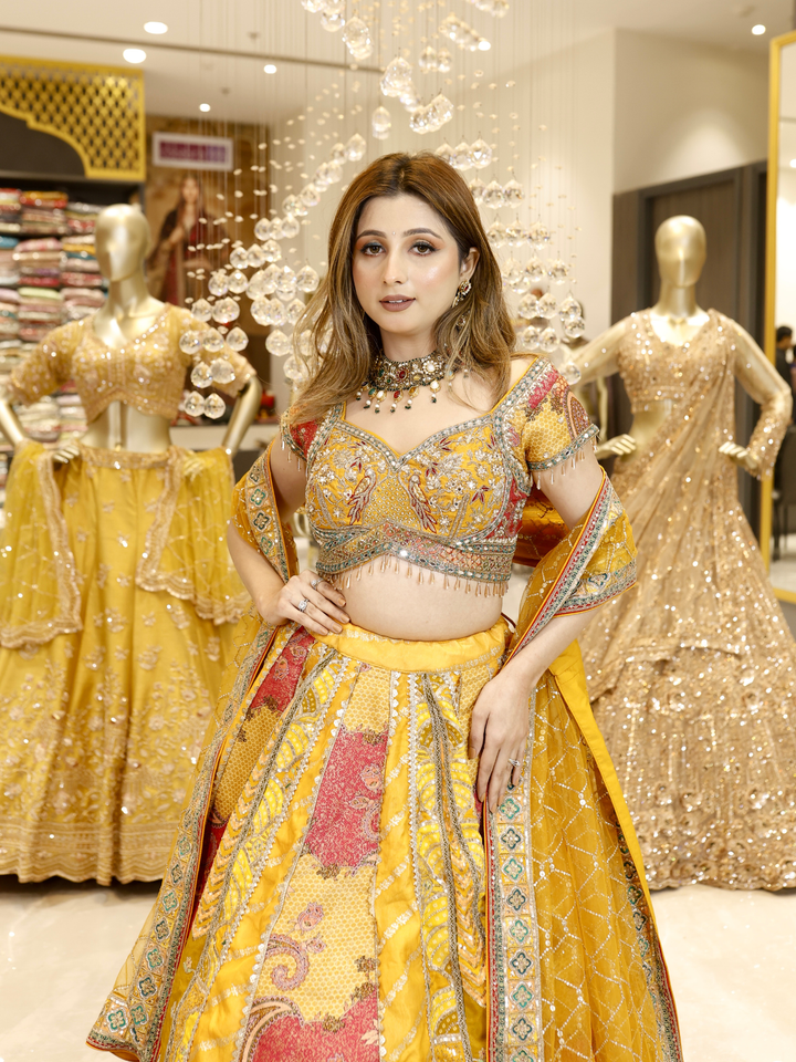 Banarasi Silk Meenakari Paisley Woven & Sequin Embellished Lehenga Choli with Dupatta in Mustard