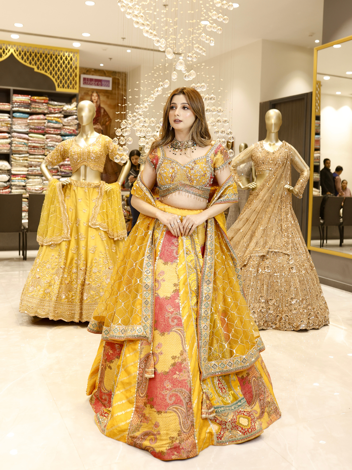 Banarasi Silk Meenakari Paisley Woven & Sequin Embellished Lehenga Choli with Dupatta in Mustard
