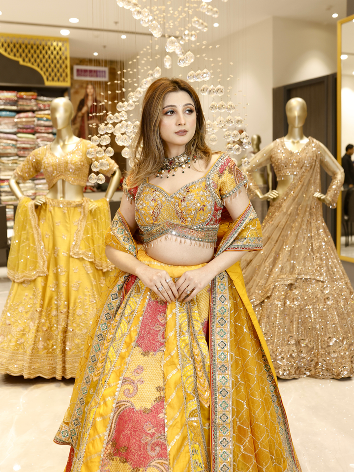 Banarasi Silk Meenakari Paisley Woven & Sequin Embellished Lehenga Choli with Dupatta in Mustard