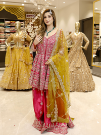 Silk Zari & Sequin Embroidered Sharara Set with Dupatta in Hot Pink & Mustard