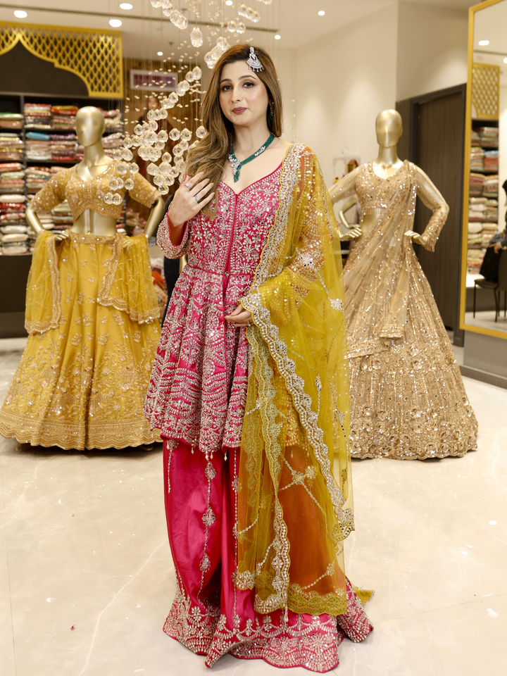 Silk Zari & Sequin Embroidered Sharara Set with Dupatta in Hot Pink & Mustard