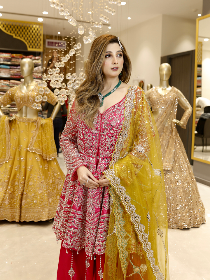Silk Zari & Sequin Embroidered Sharara Set with Dupatta in Hot Pink & Mustard