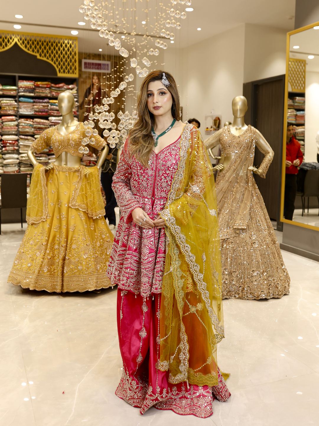 Silk Zari & Sequin Embroidered Sharara Set with Dupatta in Hot Pink & Mustard