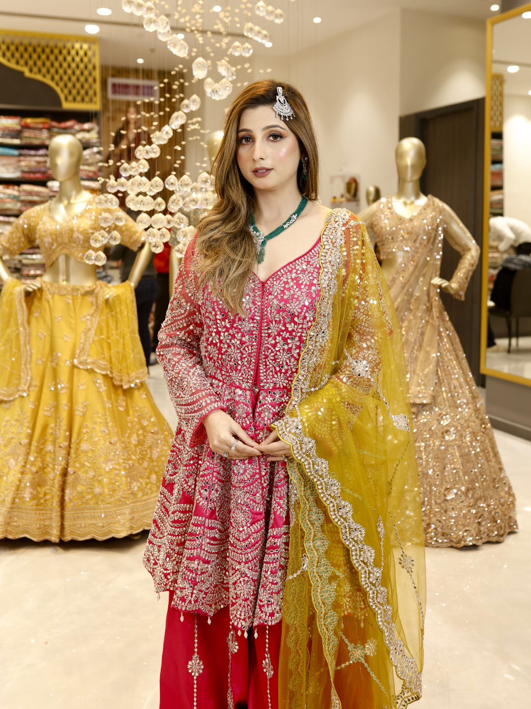 Silk Zari & Sequin Embroidered Sharara Set with Dupatta in Hot Pink & Mustard