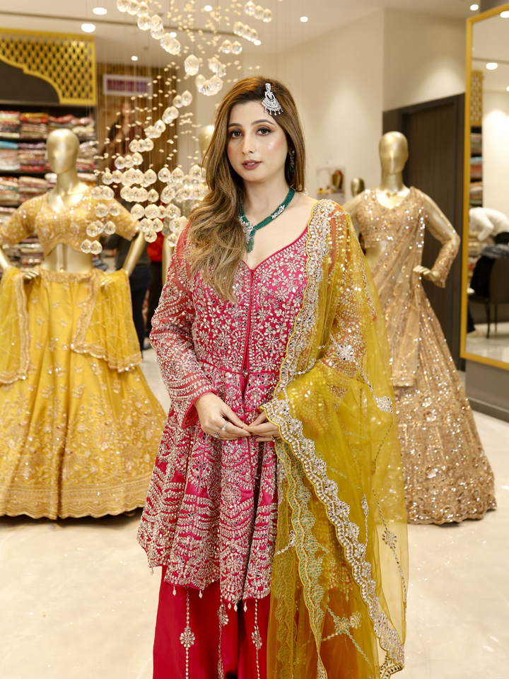 Silk Zari & Sequin Embroidered Sharara Set with Dupatta in Hot Pink & Mustard