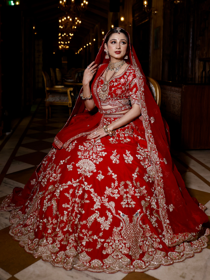 Silk Zari & Thread Floral Embroidered Bridal Lehenga Choli with Dupatta in Red
