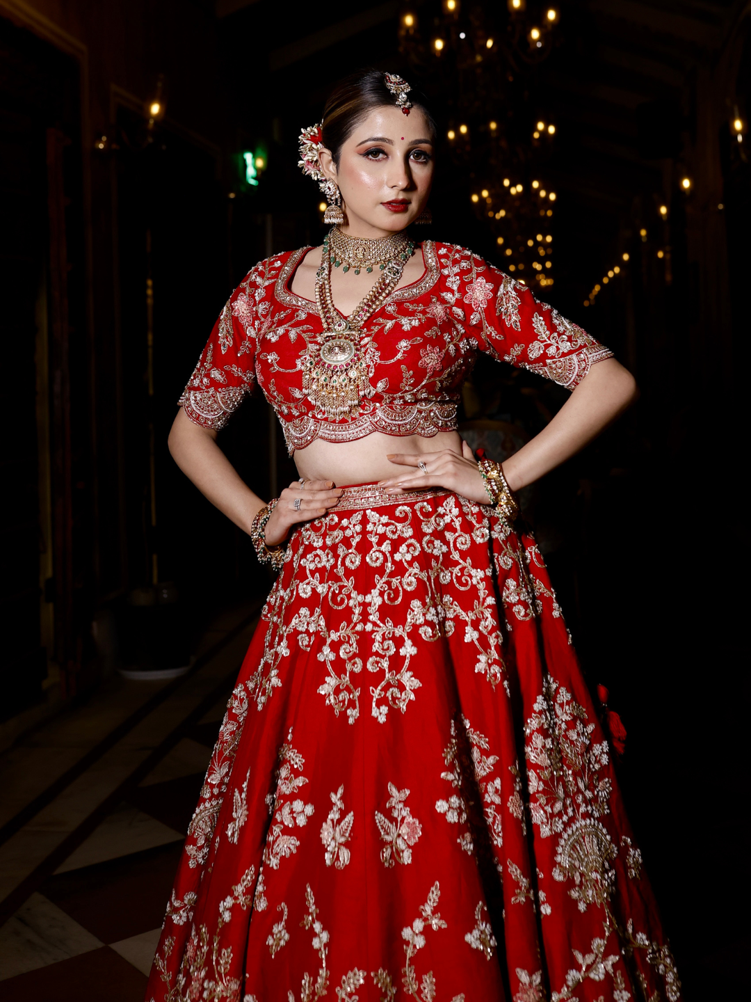 Silk Zari & Thread Floral Embroidered Bridal Lehenga Choli with Dupatta in Red