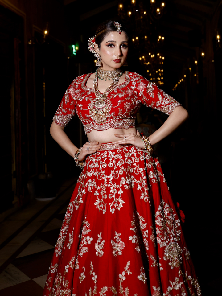 Silk Zari & Thread Floral Embroidered Bridal Lehenga Choli with Dupatta in Red