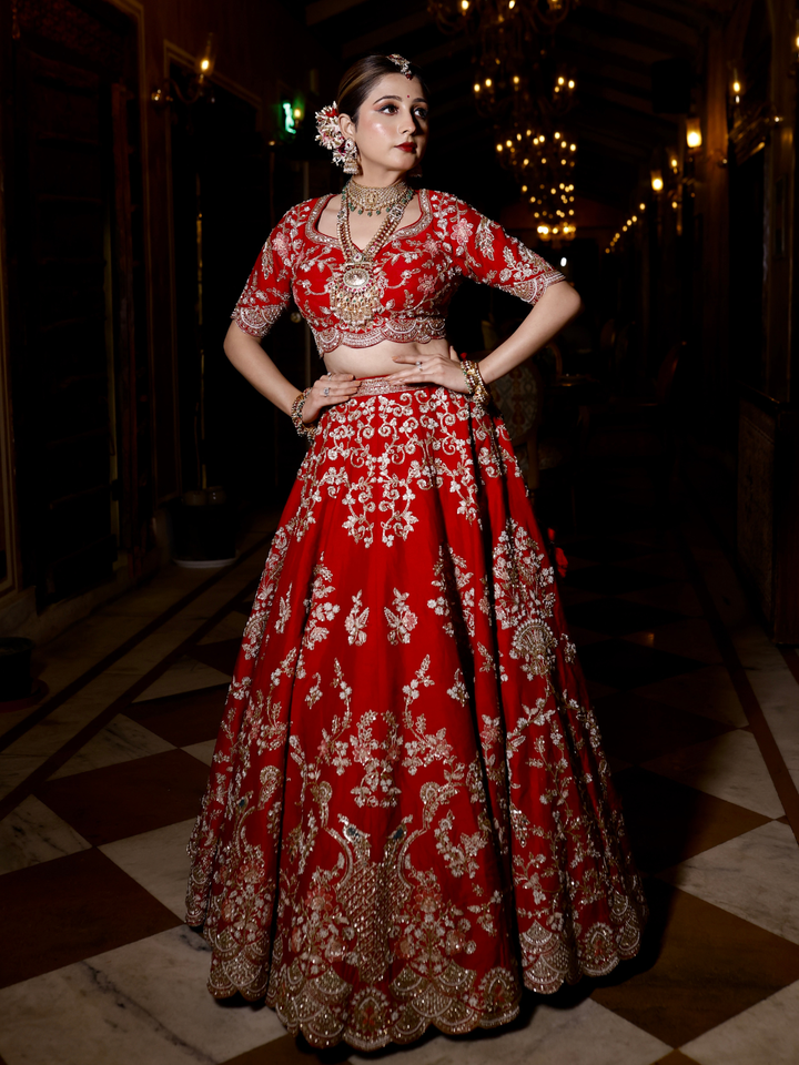 Silk Zari & Thread Floral Embroidered Bridal Lehenga Choli with Dupatta in Red