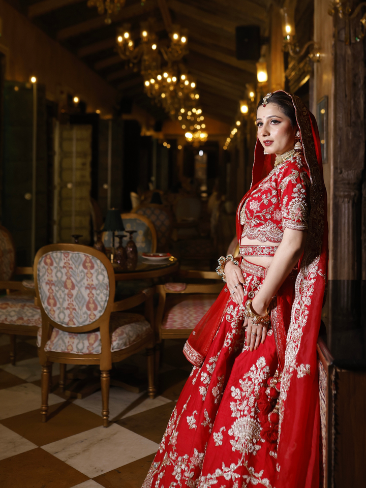 Silk Zari & Thread Floral Embroidered Bridal Lehenga Choli with Dupatta in Red
