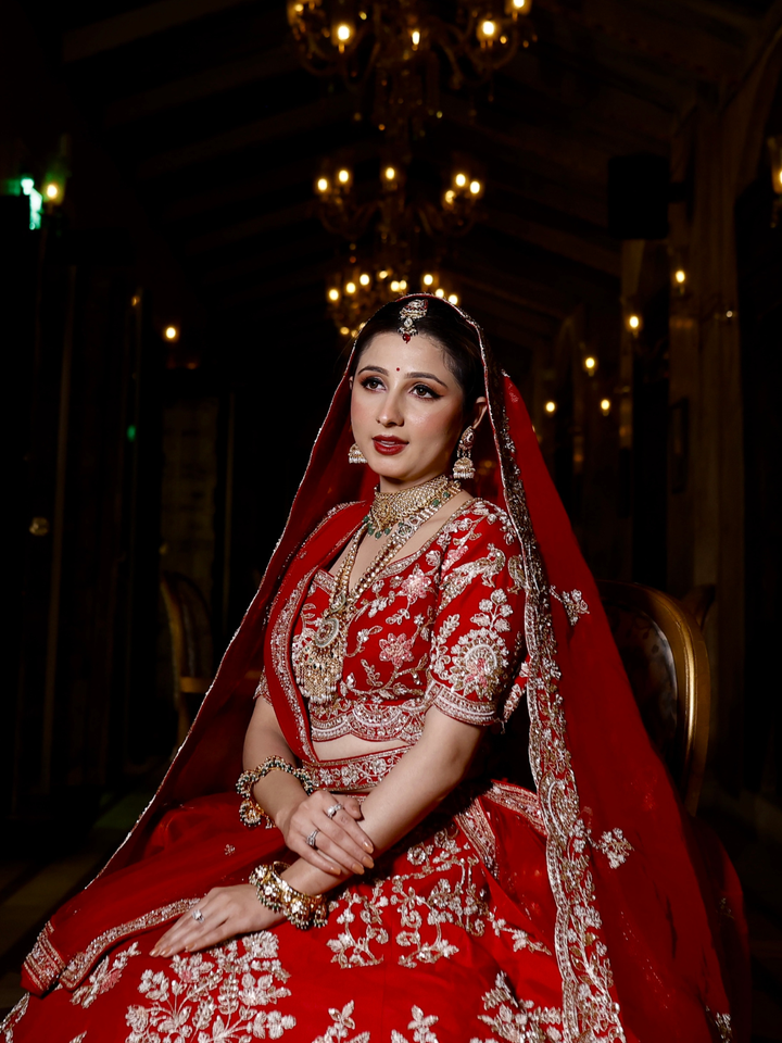 Silk Zari & Thread Floral Embroidered Bridal Lehenga Choli with Dupatta in Red