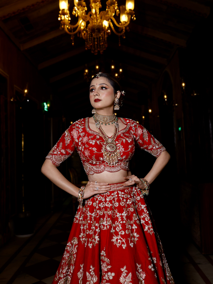 Silk Zari & Thread Floral Embroidered Bridal Lehenga Choli with Dupatta in Red