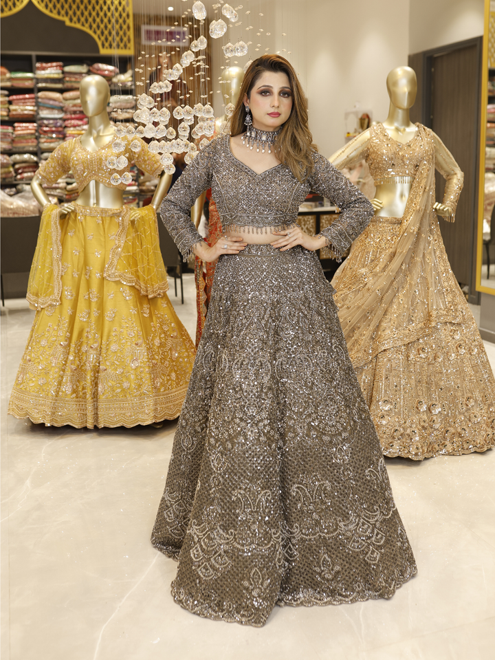 Net Sequin & Crystal Embellished Bridal Lehenga Choli with Dupatta in Gunmetal Grey