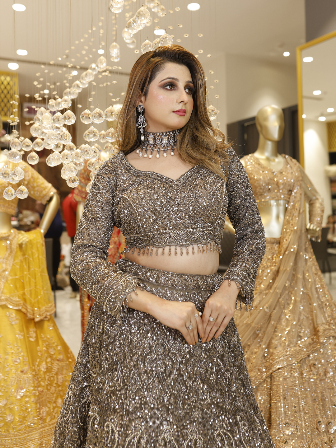 Net Sequin & Crystal Embellished Bridal Lehenga Choli with Dupatta in Gunmetal Grey