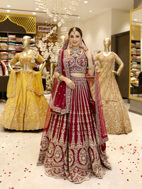 Velvet Zari & Sequin Embroidered Bridal Lehenga Choli with Dupatta in Deep Red