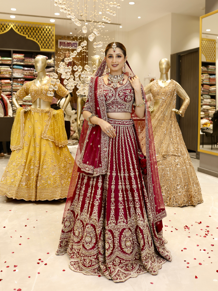 Velvet Zari & Sequin Embroidered Bridal Lehenga Choli with Dupatta in Deep Red