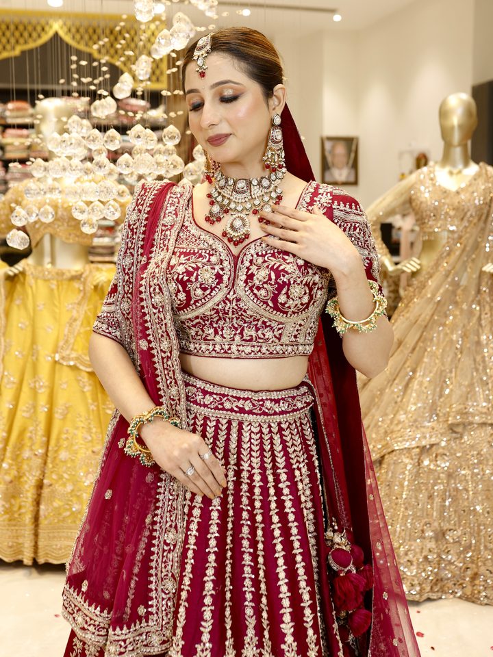 Velvet Zari & Sequin Embroidered Bridal Lehenga Choli with Dupatta in Deep Red