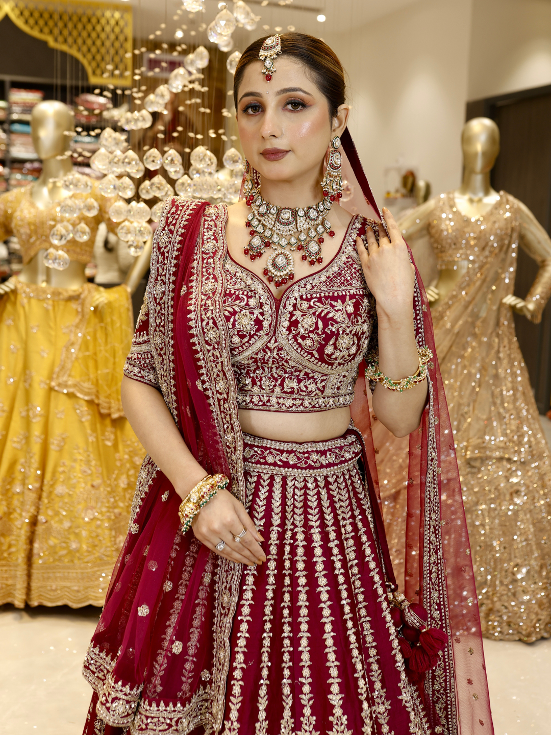Velvet Zari & Sequin Embroidered Bridal Lehenga Choli with Dupatta in Deep Red