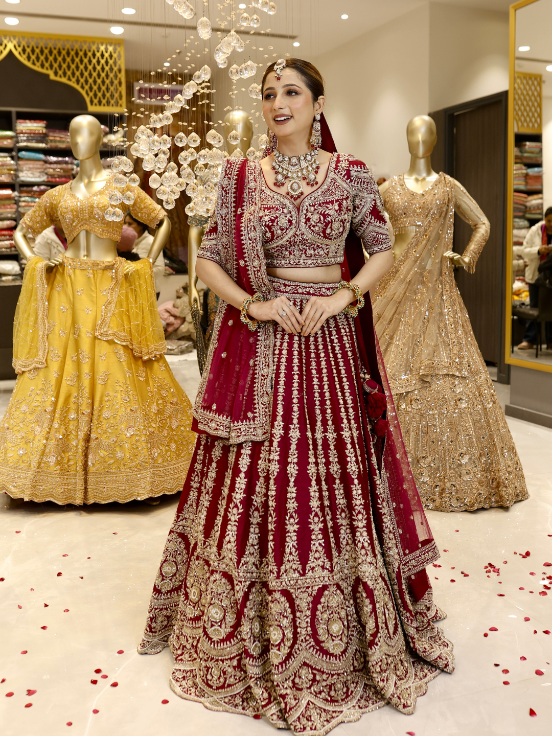 Velvet Zari & Sequin Embroidered Bridal Lehenga Choli with Dupatta in Deep Red