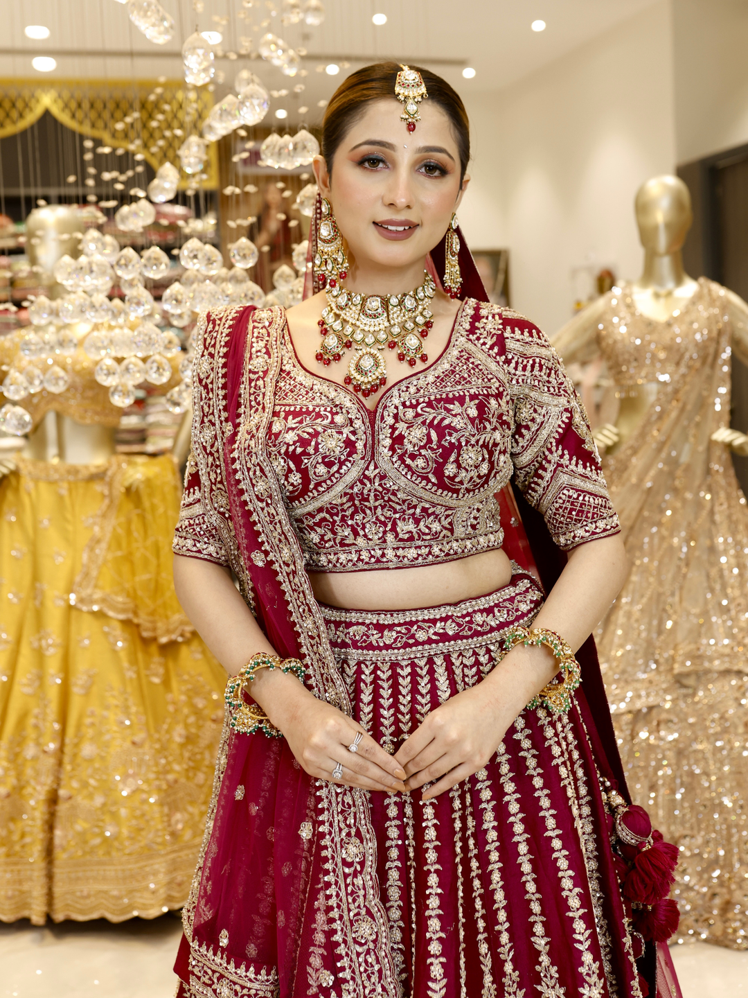Velvet Zari & Sequin Embroidered Bridal Lehenga Choli with Dupatta in Deep Red