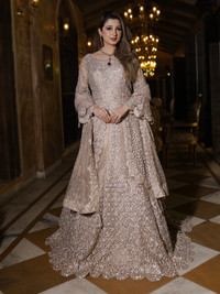 Net Sequin & Crystal Embellished Bridal Anarkali Gown with Dupatta in Champagne