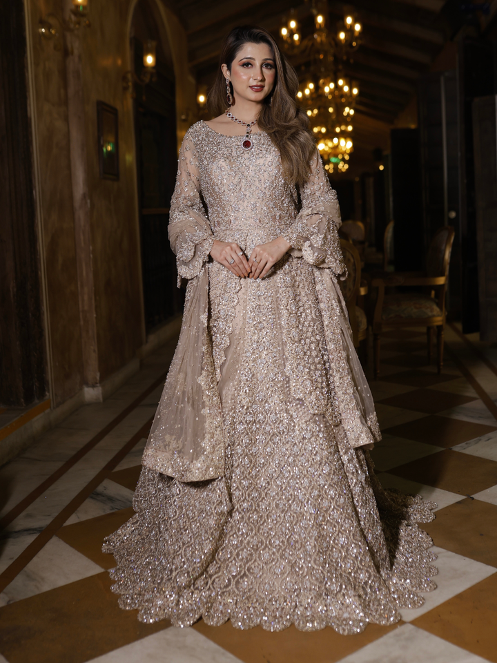 Net Sequin & Crystal Embellished Bridal Anarkali Gown with Dupatta in Champagne