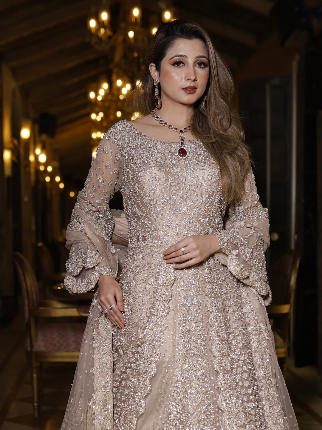 Net Sequin & Crystal Embellished Bridal Anarkali Gown with Dupatta in Champagne