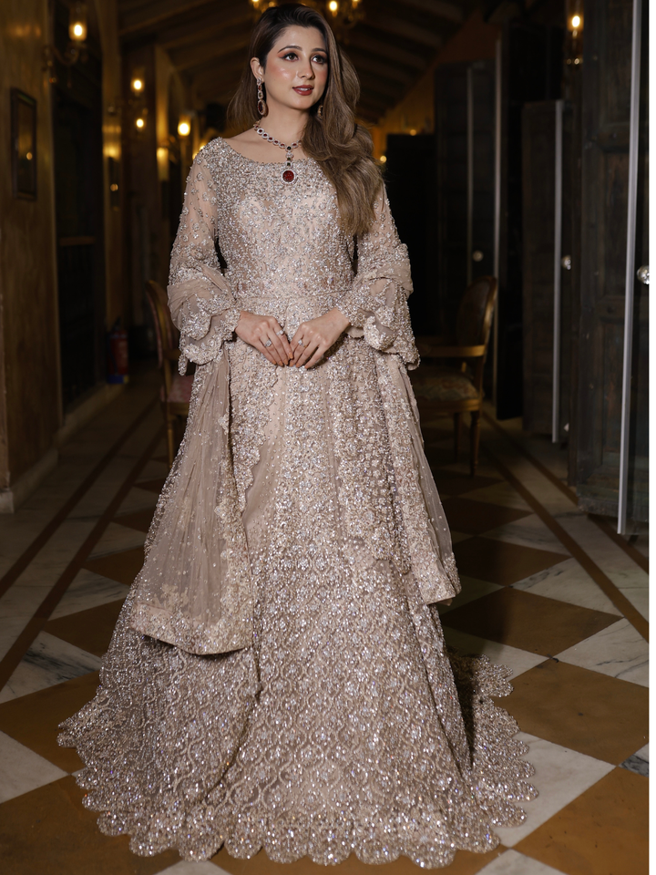 Net Sequin & Crystal Embellished Bridal Anarkali Gown with Dupatta in Champagne