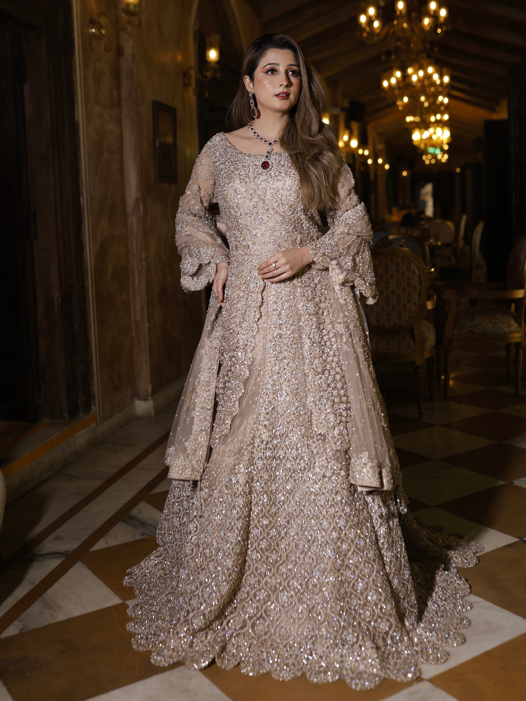 Net Sequin & Crystal Embellished Bridal Anarkali Gown with Dupatta in Champagne