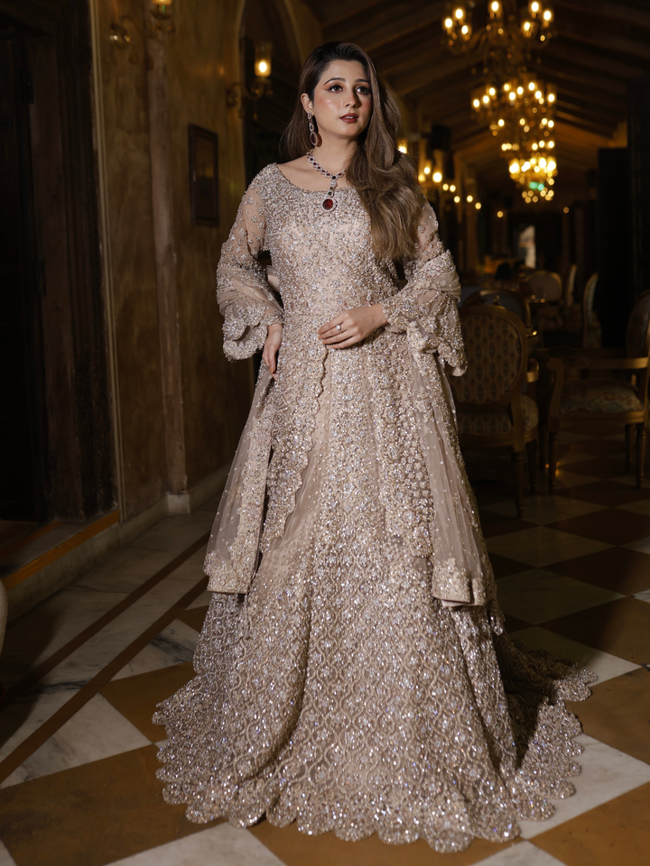 Net Sequin & Crystal Embellished Bridal Anarkali Gown with Dupatta in Champagne