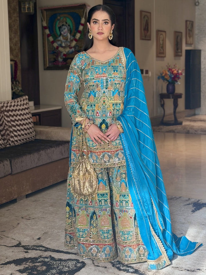 Aari Embroidered Kurta Sharara Set with Multicolor Resham Work
