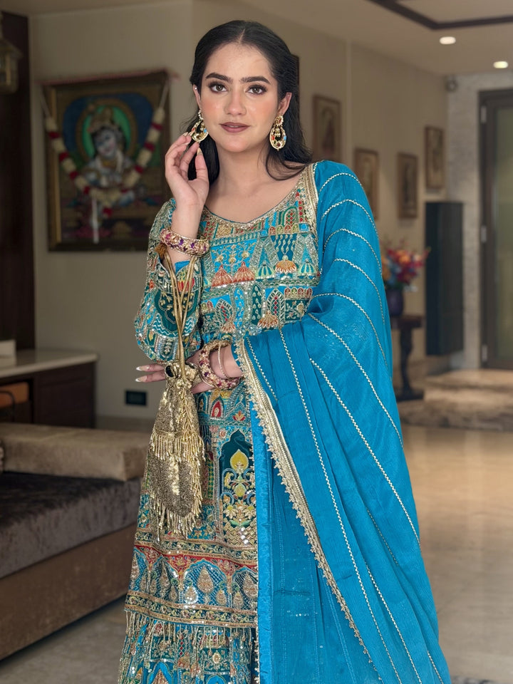 Aari Embroidered Kurta Sharara Set with Multicolor Resham Work