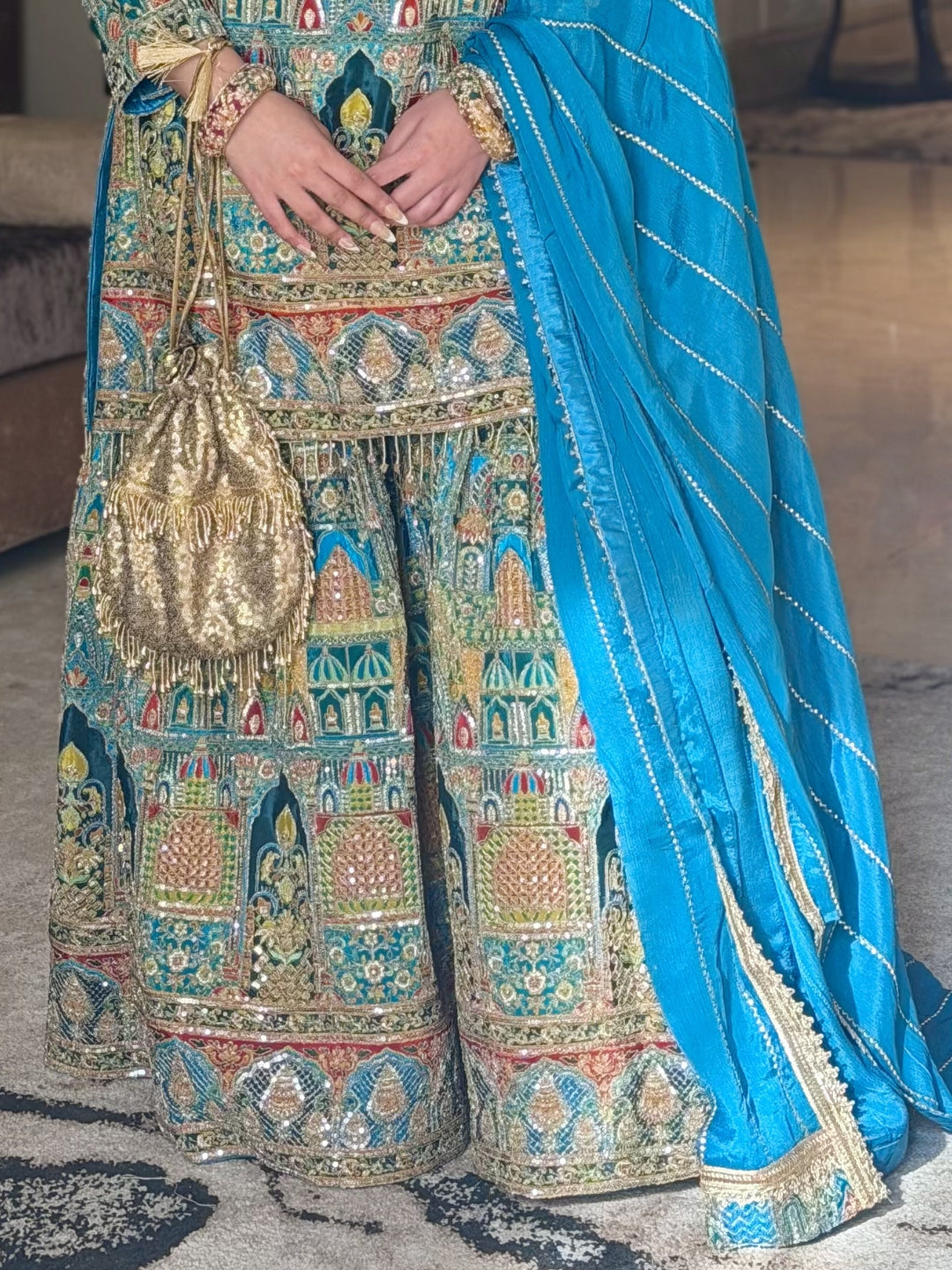 Aari Embroidered Kurta Sharara Set with Multicolor Resham Work