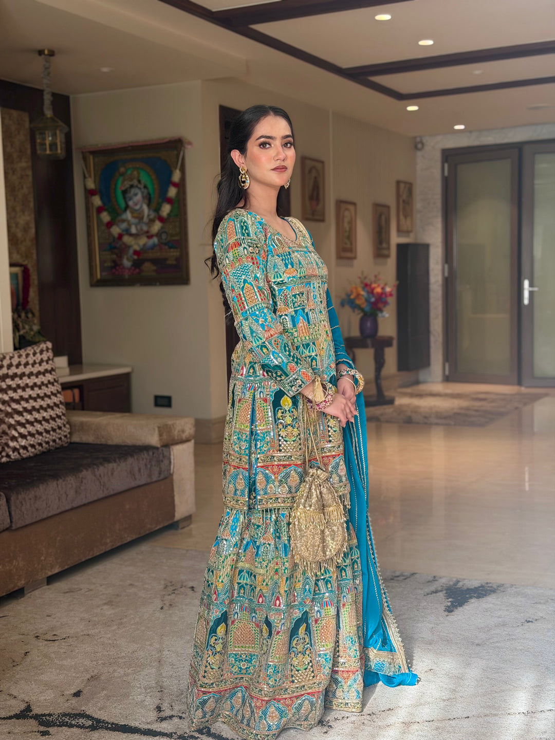 Aari Embroidered Kurta Sharara Set with Multicolor Resham Work