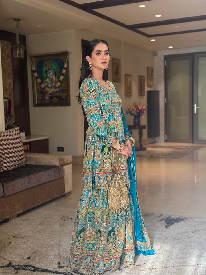 Aari Embroidered Kurta Sharara Set with Multicolor Resham Work