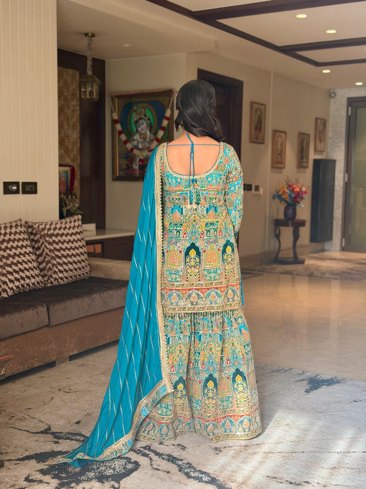 Aari Embroidered Kurta Sharara Set with Multicolor Resham Work