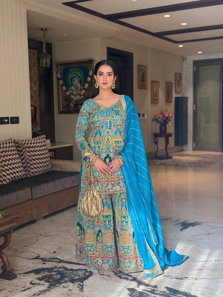 Aari Embroidered Kurta Sharara Set with Multicolor Resham Work