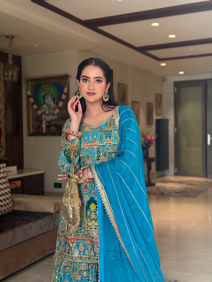 Aari Embroidered Kurta Sharara Set with Multicolor Resham Work