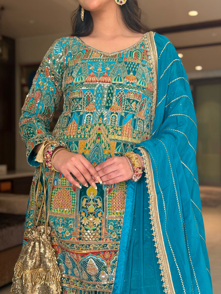 Aari Embroidered Kurta Sharara Set with Multicolor Resham Work