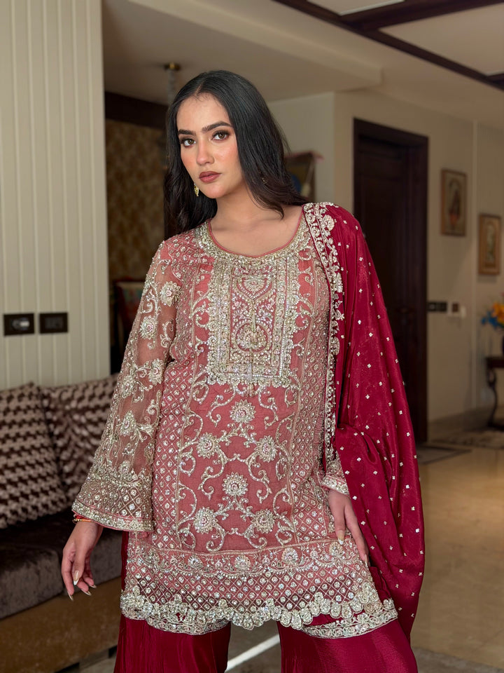 Kundan Embroidered Kurta Sharara Set with Scalloped Hemline