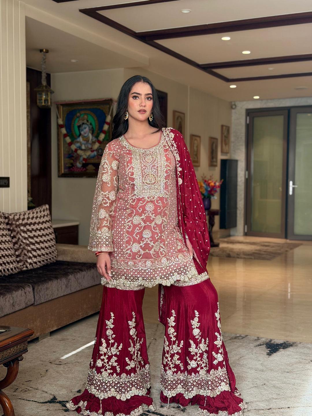 Kundan Embroidered Kurta Sharara Set with Scalloped Hemline